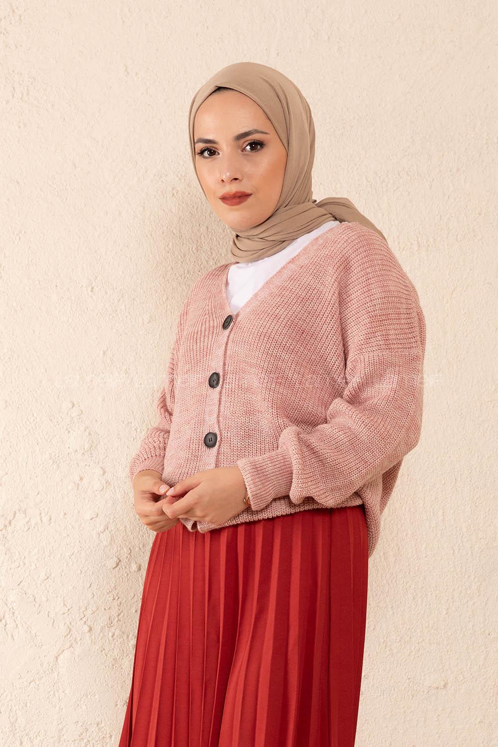 Modalamelif Ön Düğmeli Çift Cep Triko Hırka Pudra