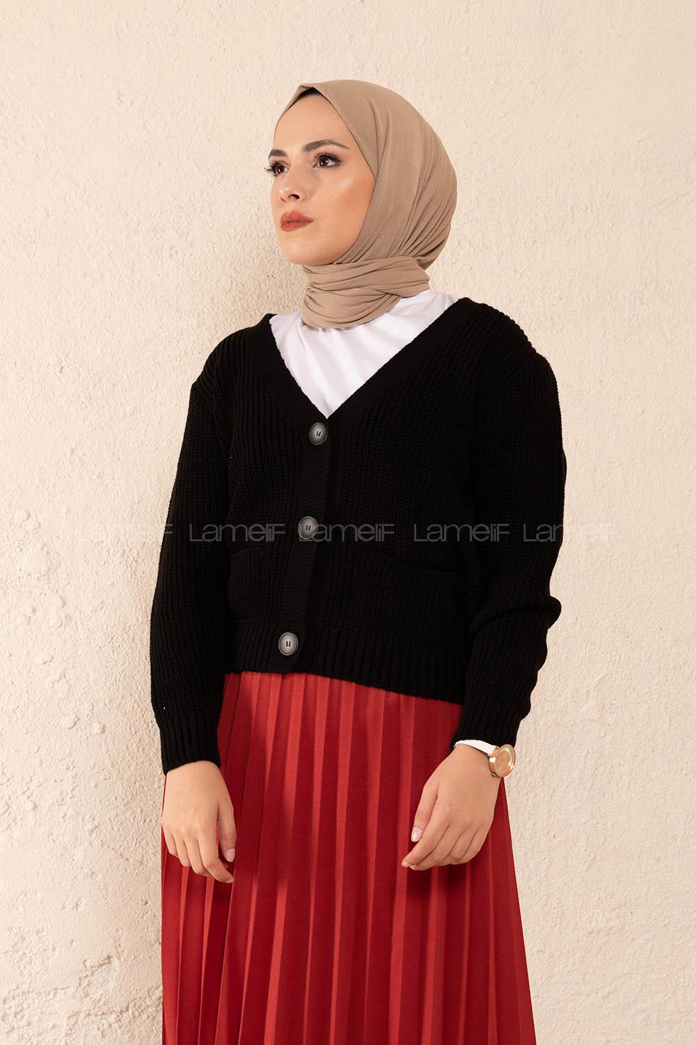 Modalamelif Ön Düğmeli Çift Cep Triko Hırka Siyah