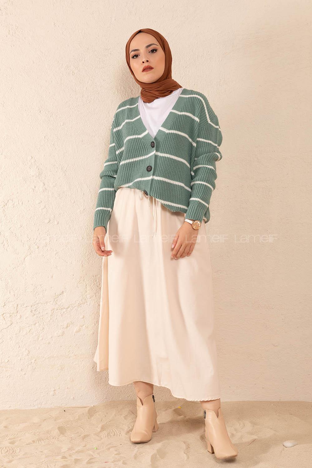 Modalamelif Önü Düğmeli Çizgi Geçişli Hırka Çağla