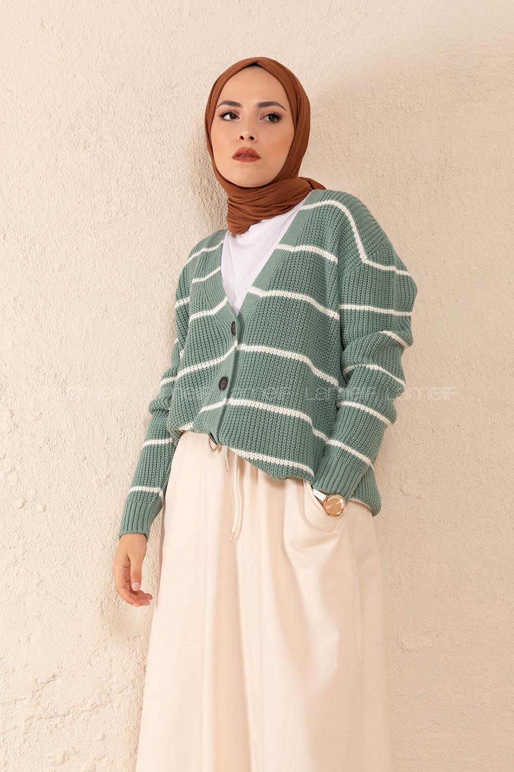 Modalamelif Önü Düğmeli Çizgi Geçişli Hırka Çağla