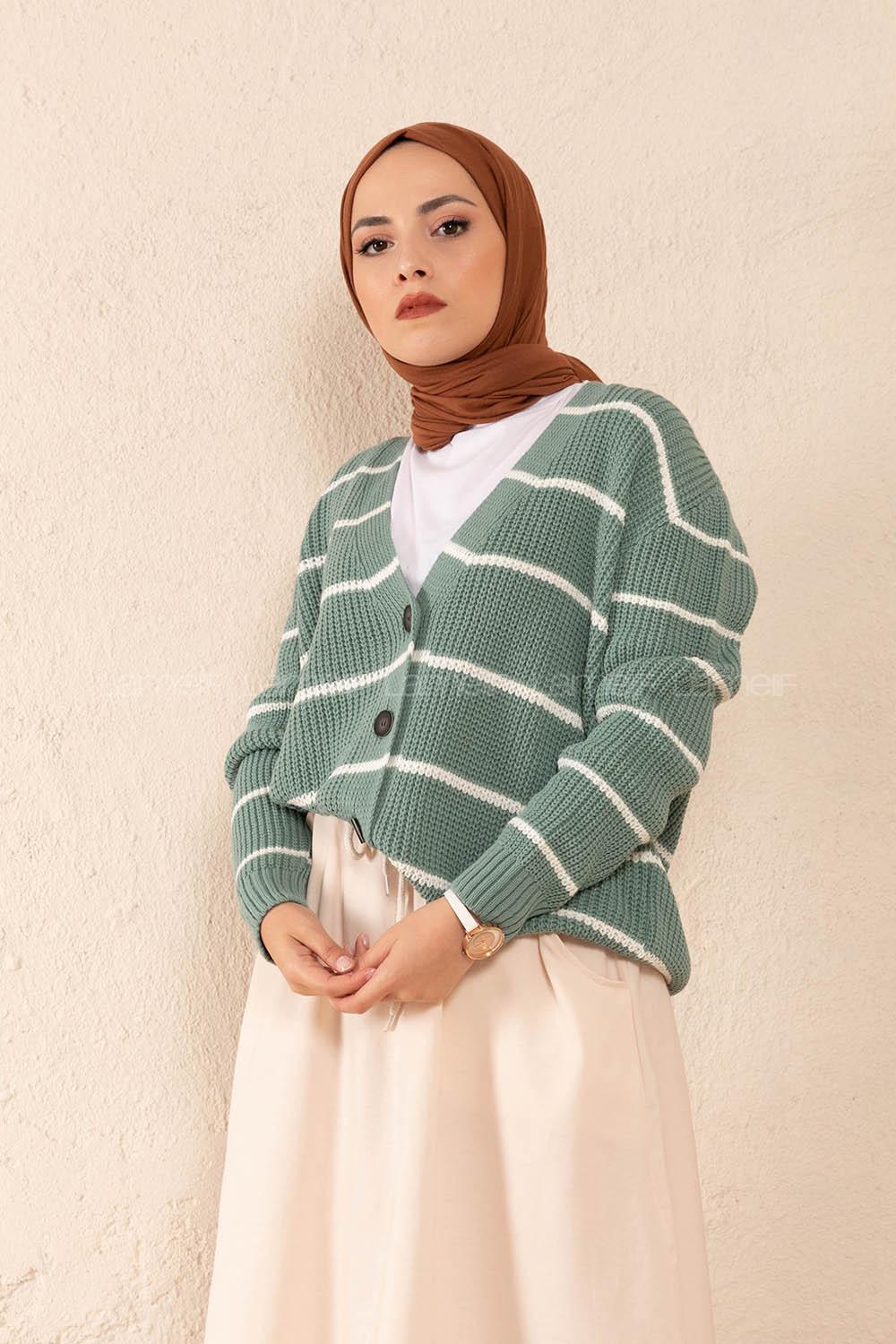 Modalamelif Önü Düğmeli Çizgi Geçişli Hırka Çağla