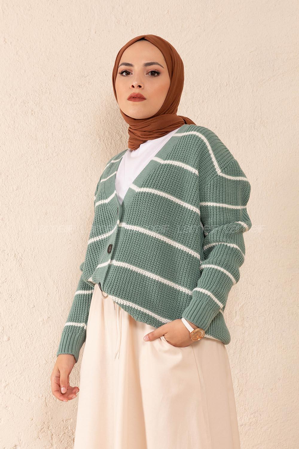 Modalamelif Önü Düğmeli Çizgi Geçişli Hırka Çağla