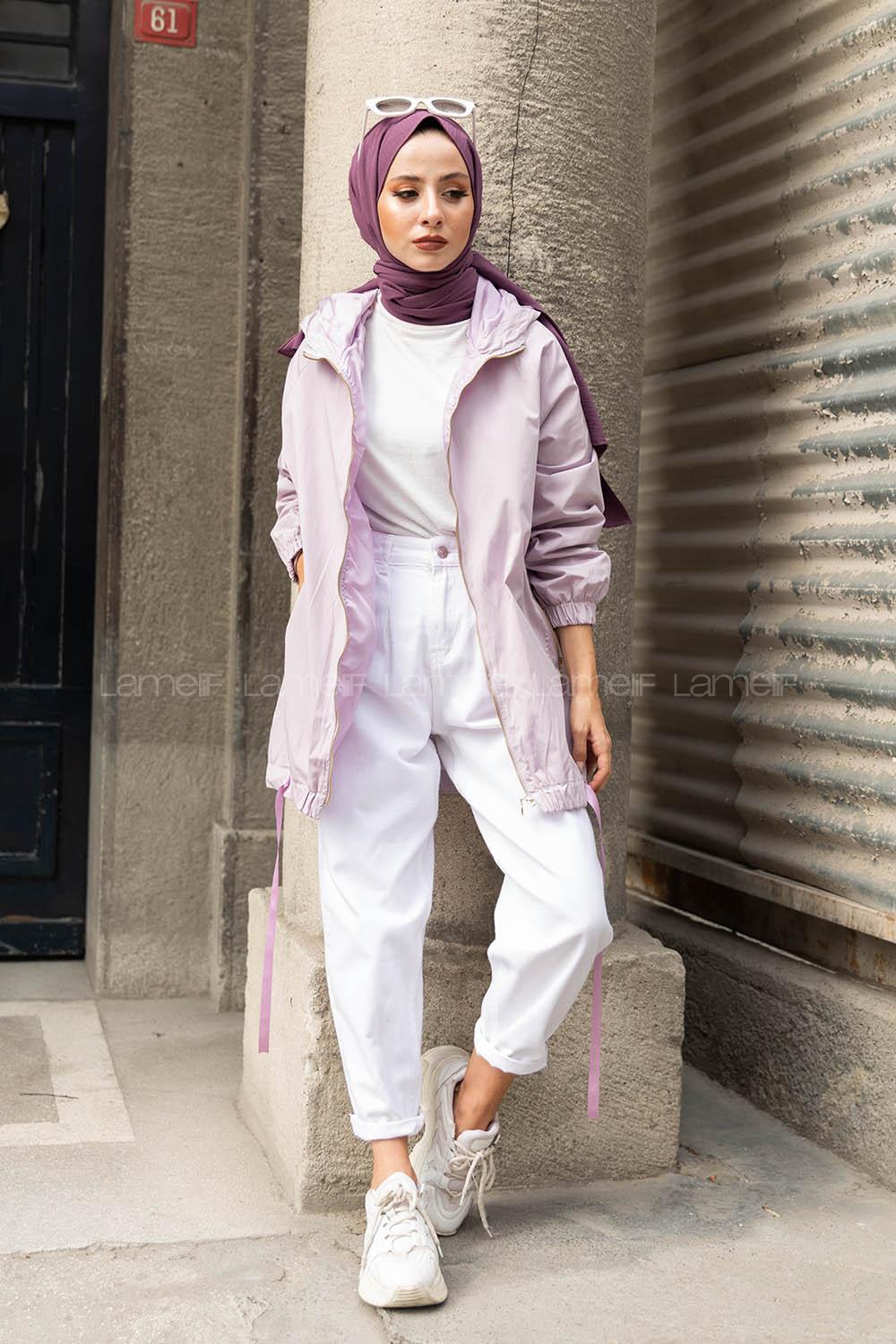 Modalamelif Eteği Lastikli Kapşonlu Yağmurluk Lila