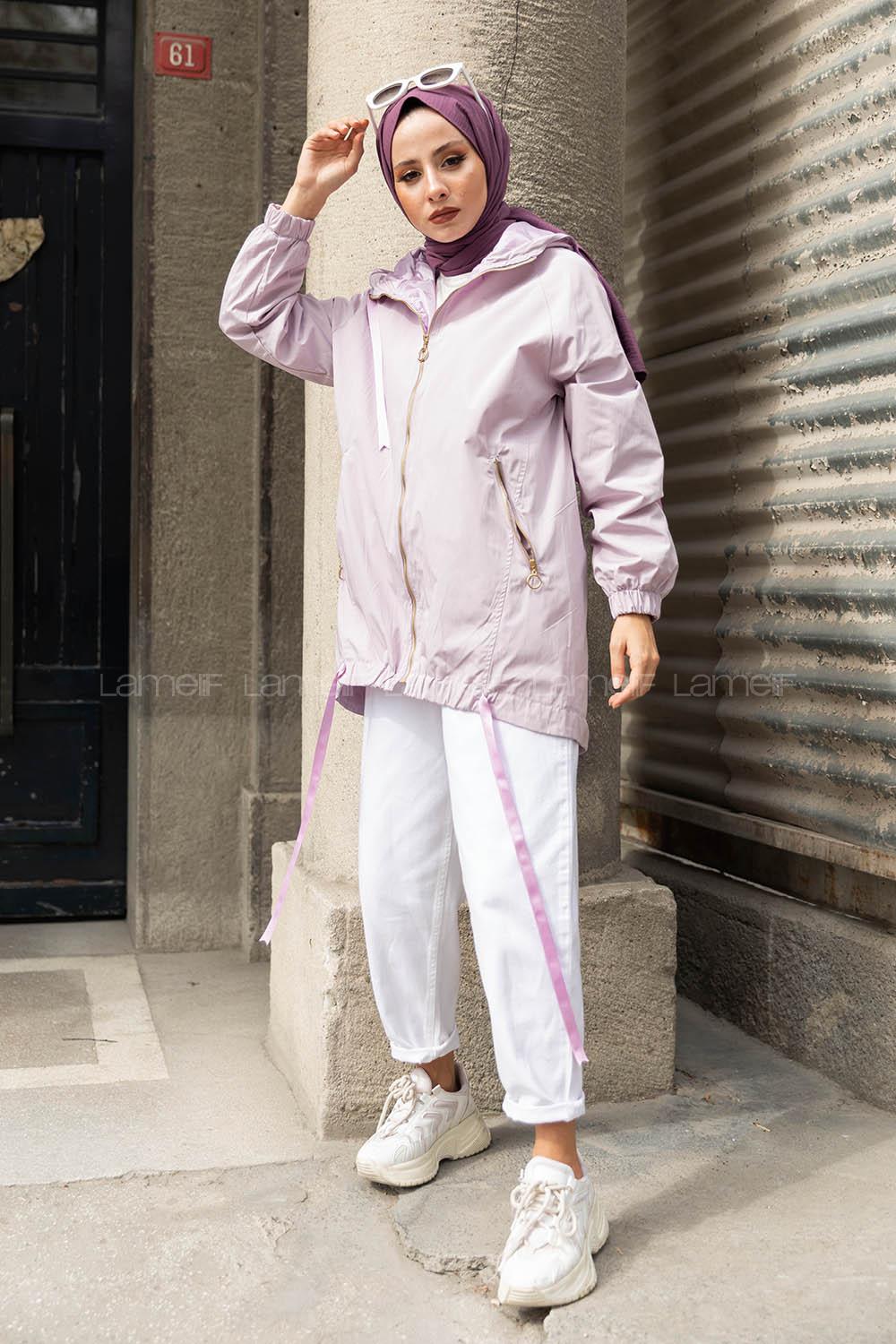 Modalamelif Eteği Lastikli Kapşonlu Yağmurluk Lila