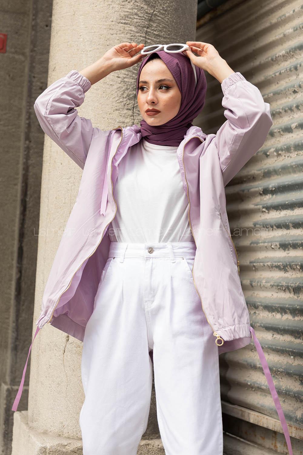 Modalamelif Eteği Lastikli Kapşonlu Yağmurluk Lila