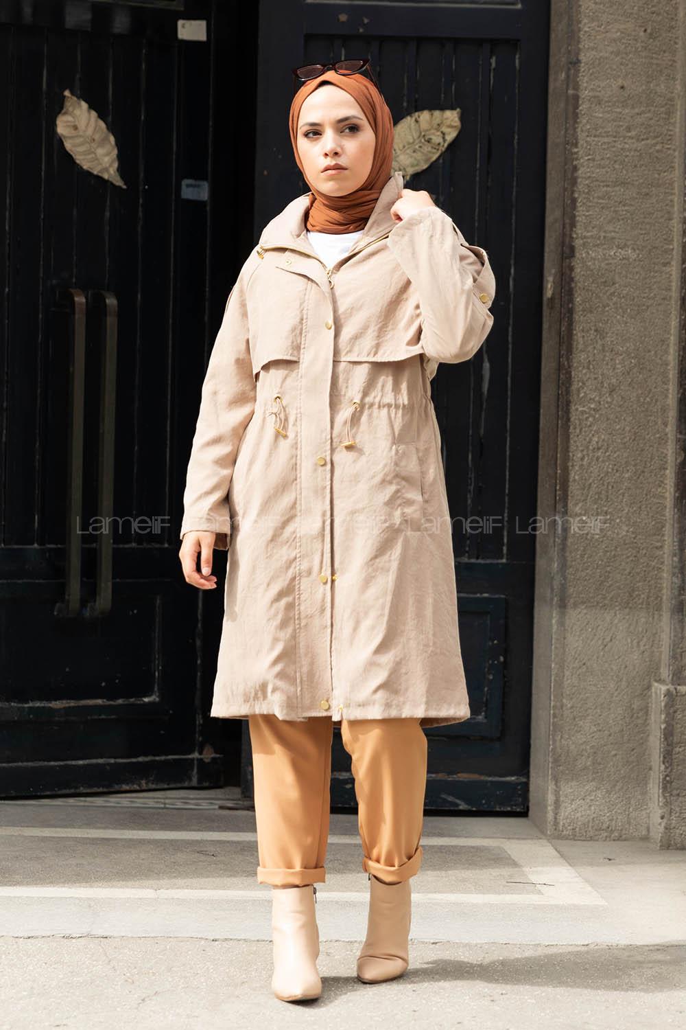 Modalamelif Ön Gizli Fermuarlı Kapşonlu Trenç Taş