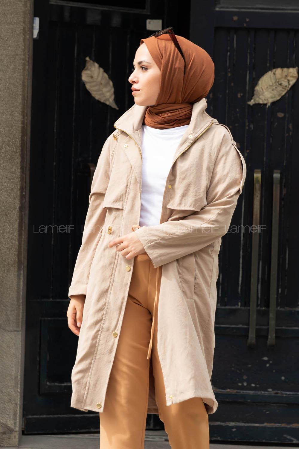 Modalamelif Ön Gizli Fermuarlı Kapşonlu Trenç Taş