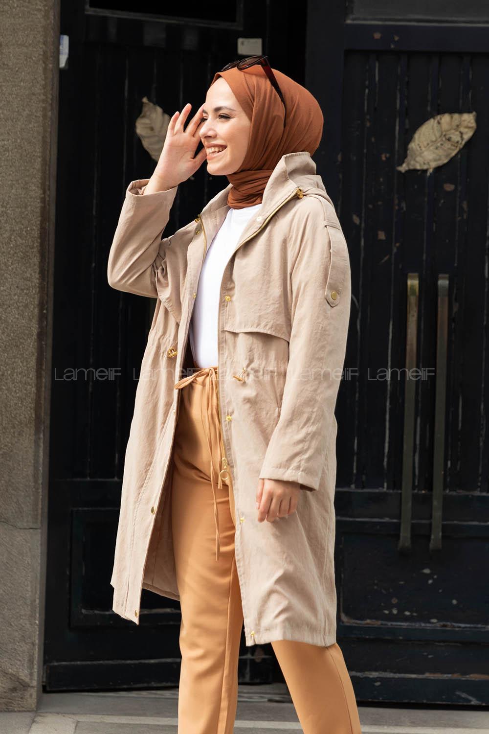 Modalamelif Ön Gizli Fermuarlı Kapşonlu Trenç Taş