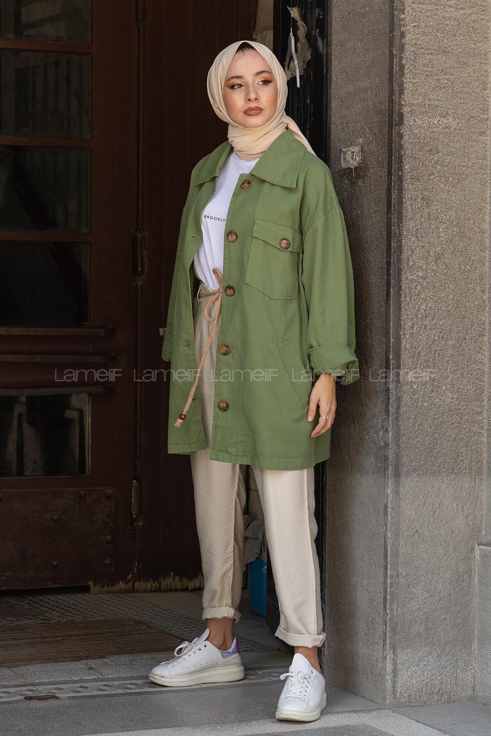 Modalamelif Düğmeli Büyük Yaka Detaylı Ceket Yeşil