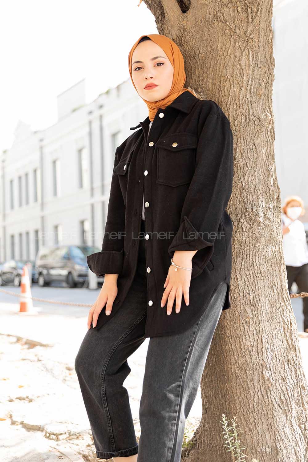 Modalamelif Çift Cepli Önü Düğmeli Ceket Siyah