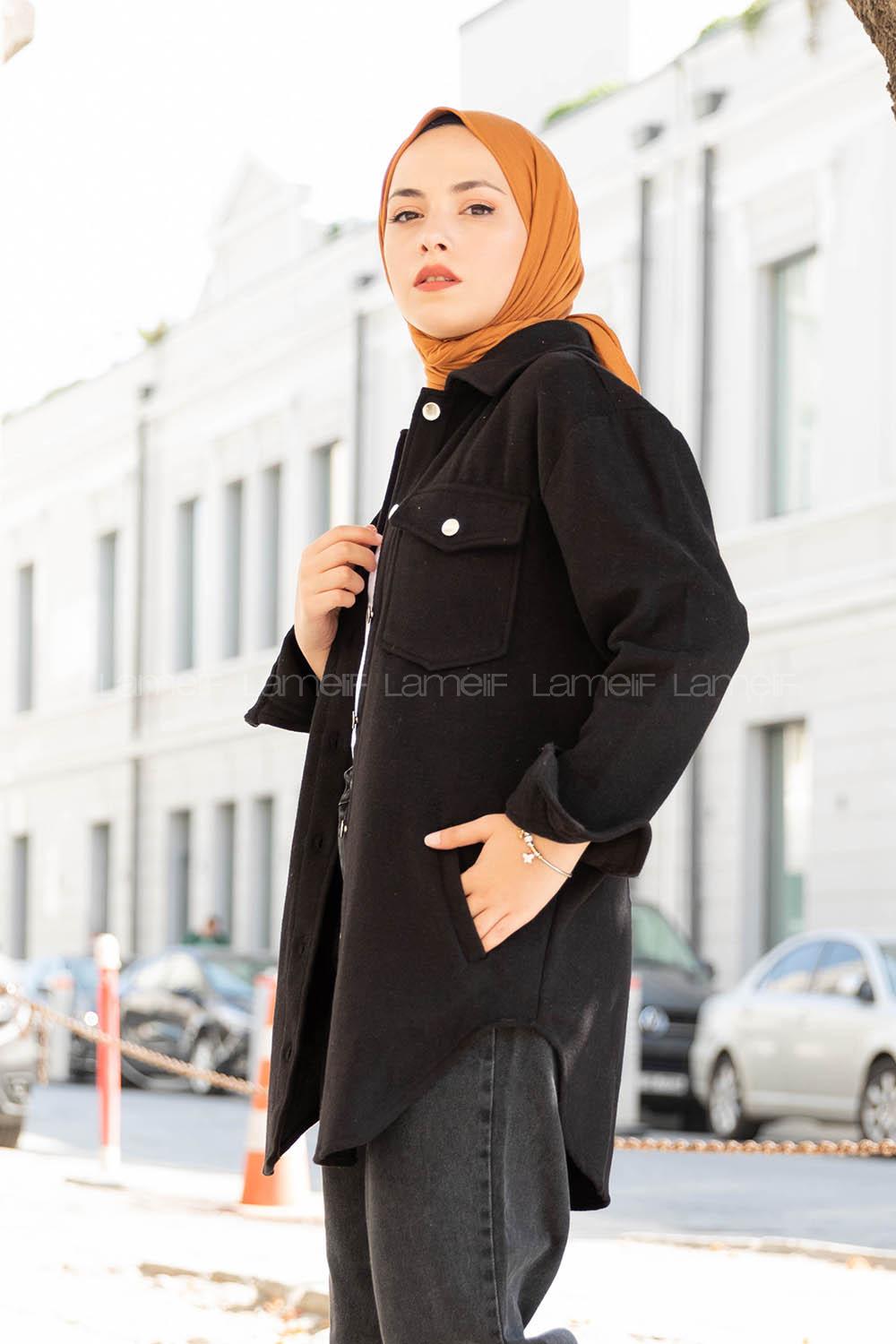 Modalamelif Çift Cepli Önü Düğmeli Ceket Siyah