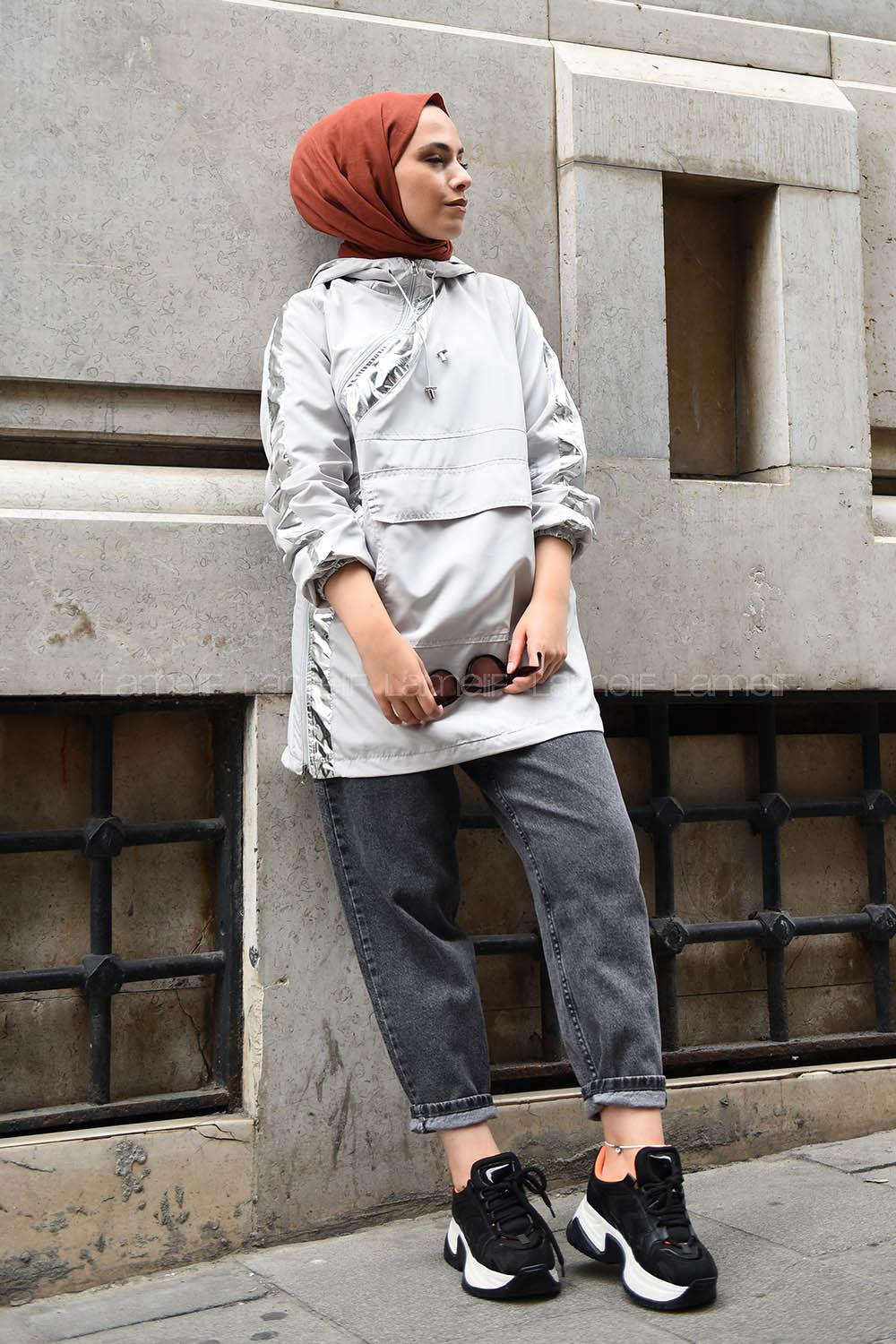 Modalamelif Garnili Yan Fermuarlı Trenç Gri