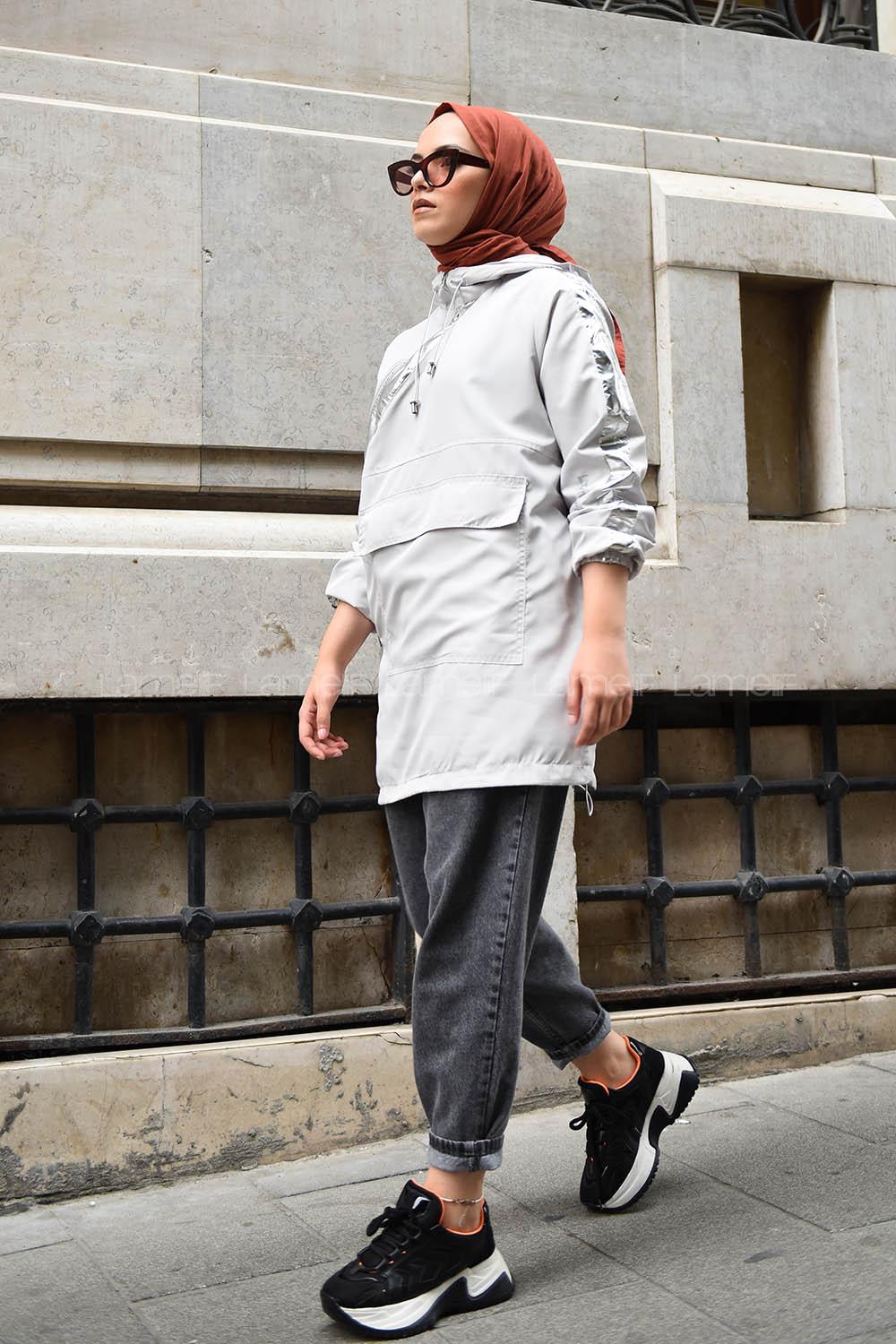 Modalamelif Garnili Yan Fermuarlı Trenç Gri