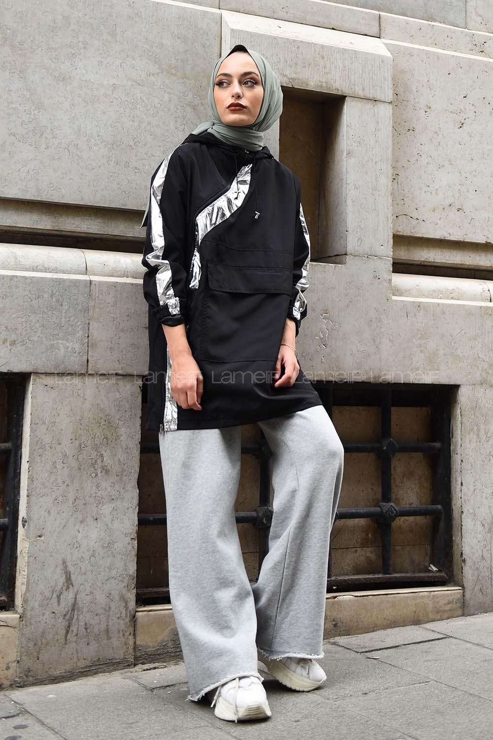 Modalamelif Garnili Yan Fermuarlı Trenç Siyah