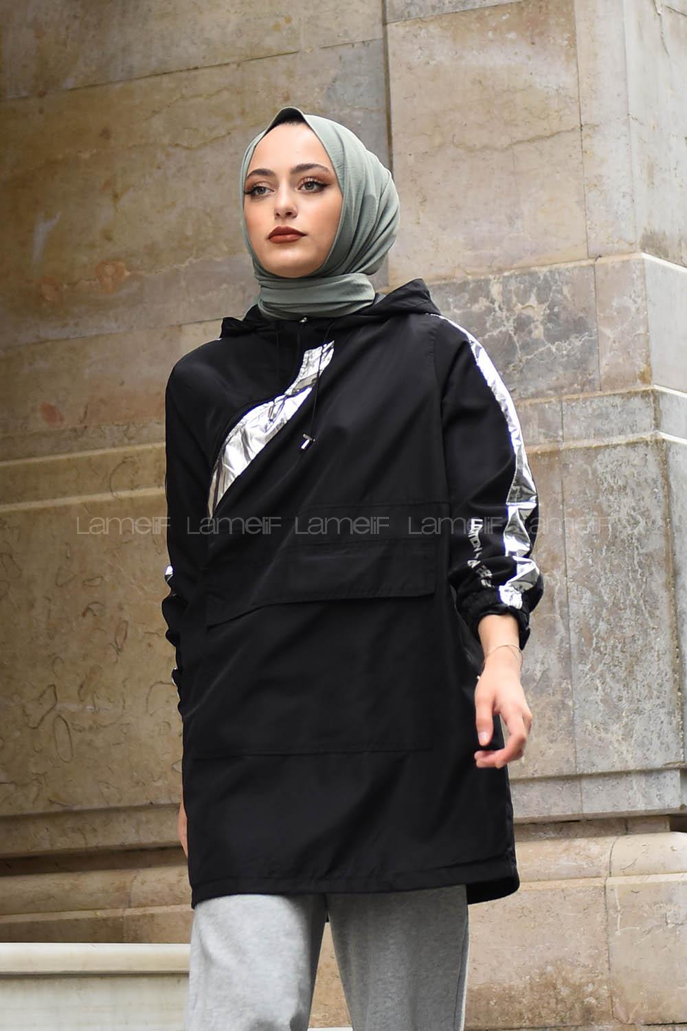 Modalamelif Garnili Yan Fermuarlı Trenç Siyah