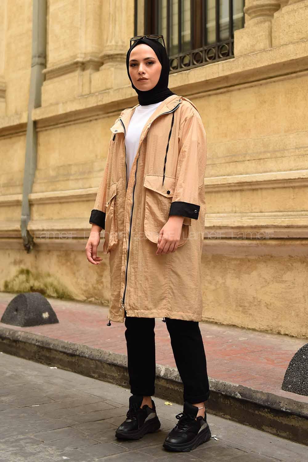 Modalamelif Kapşonlu Körük Cepli Yağmurluk Camel