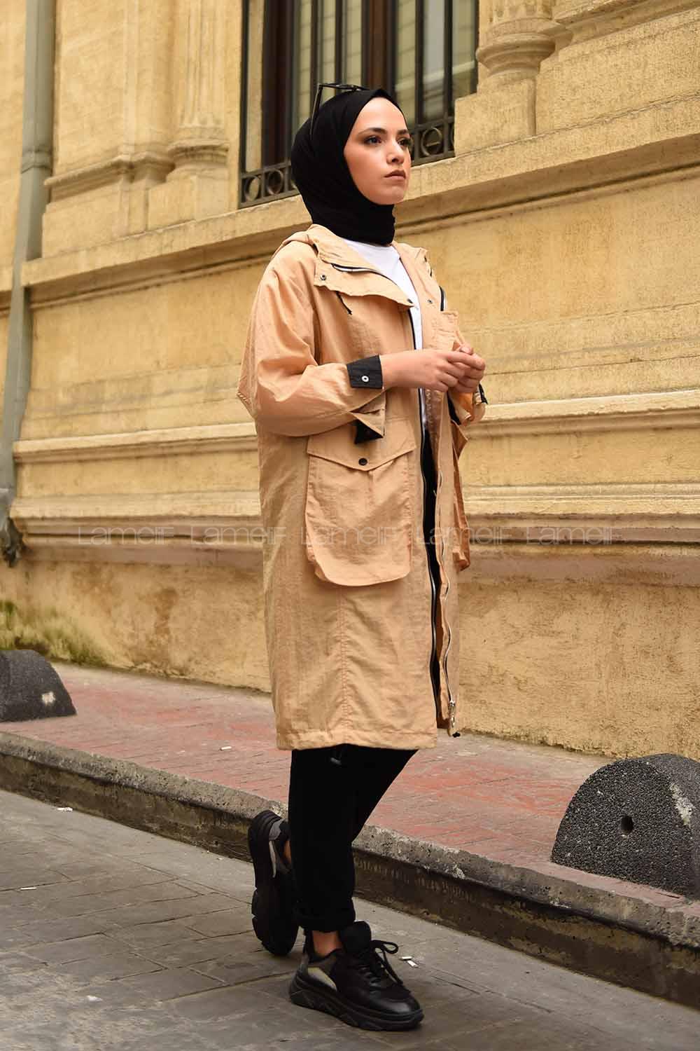 Modalamelif Kapşonlu Körük Cepli Yağmurluk Camel