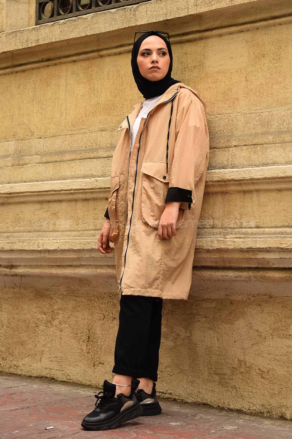 Modalamelif Kapşonlu Körük Cepli Yağmurluk Camel