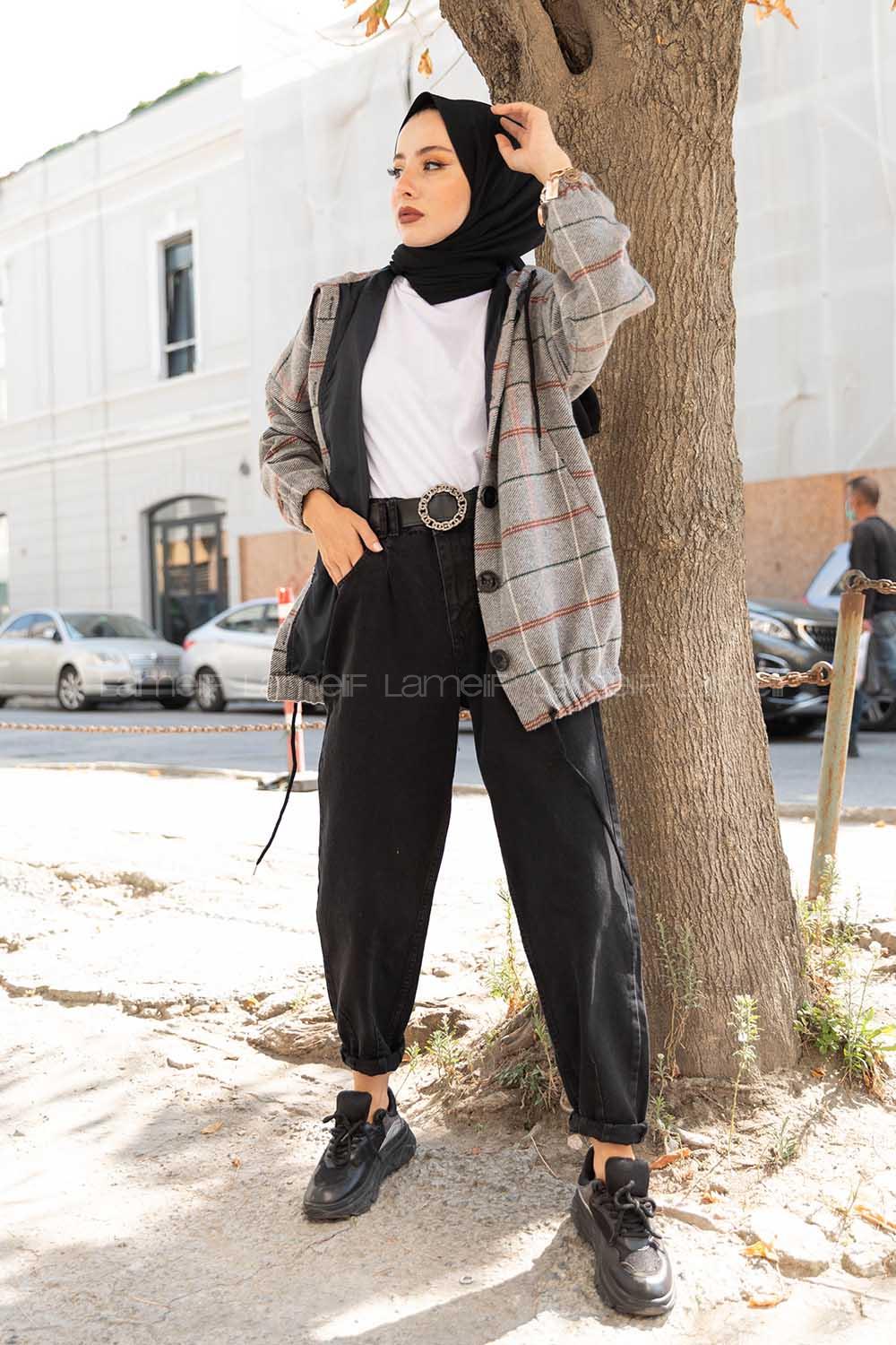 Modalamelif Kol Lastikli Ekose Desen Ceket Gri