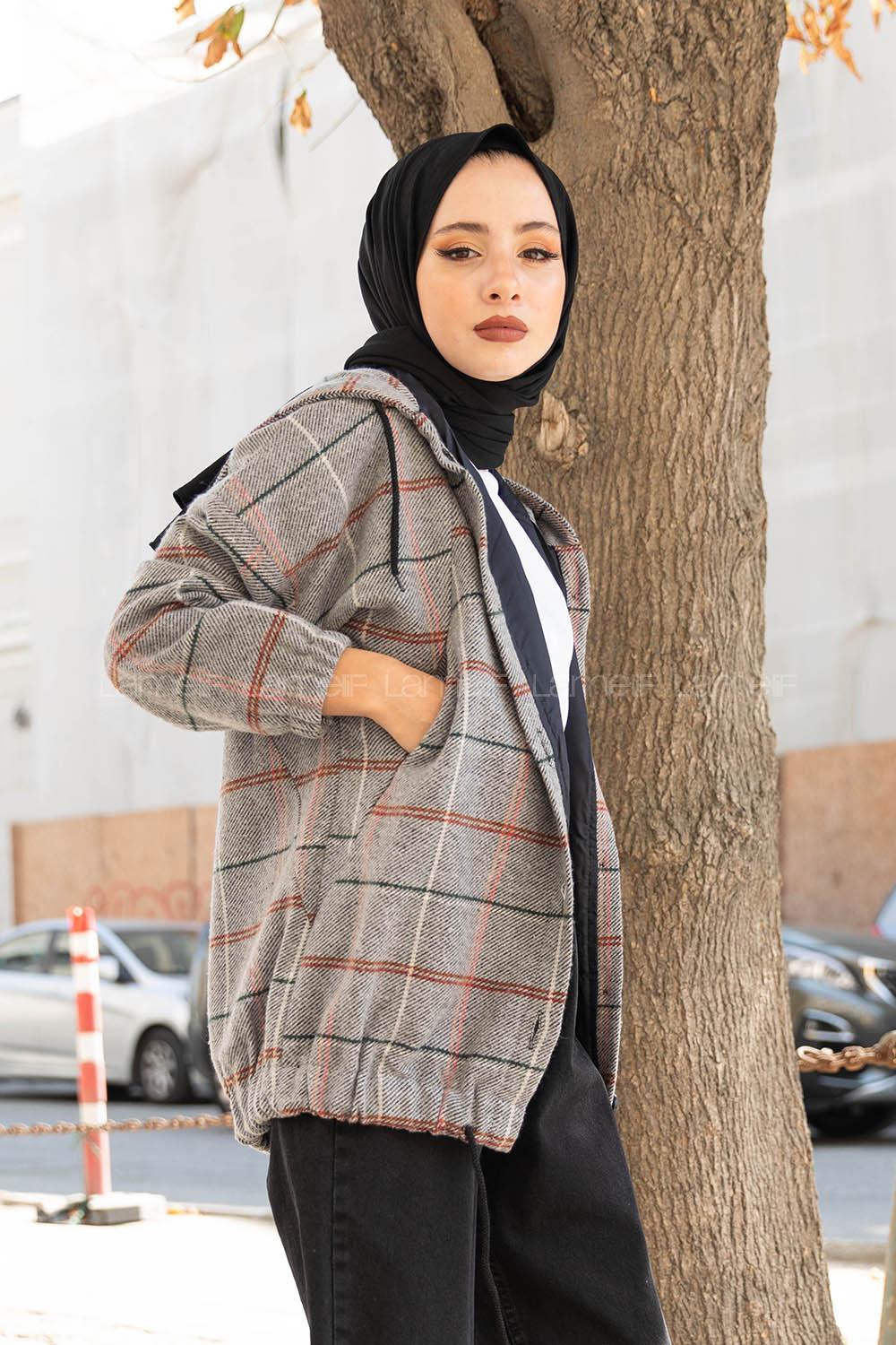 Modalamelif Kol Lastikli Ekose Desen Ceket Gri