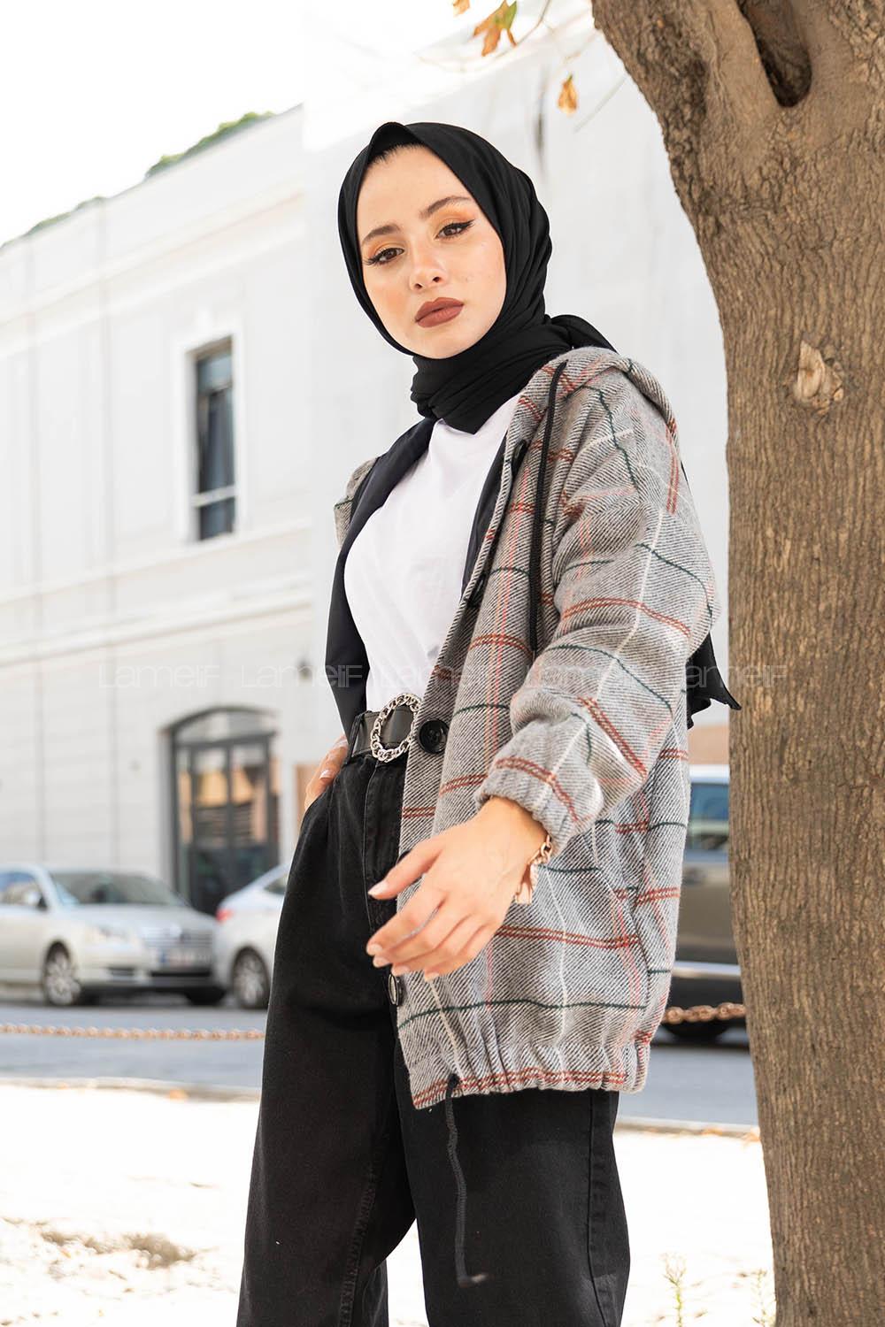 Modalamelif Kol Lastikli Ekose Desen Ceket Gri