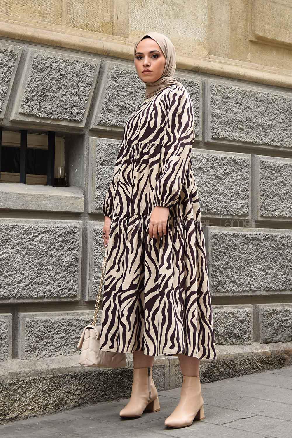 Modalamelif Kol Lastikli Zebra Desen Elbise Kahve