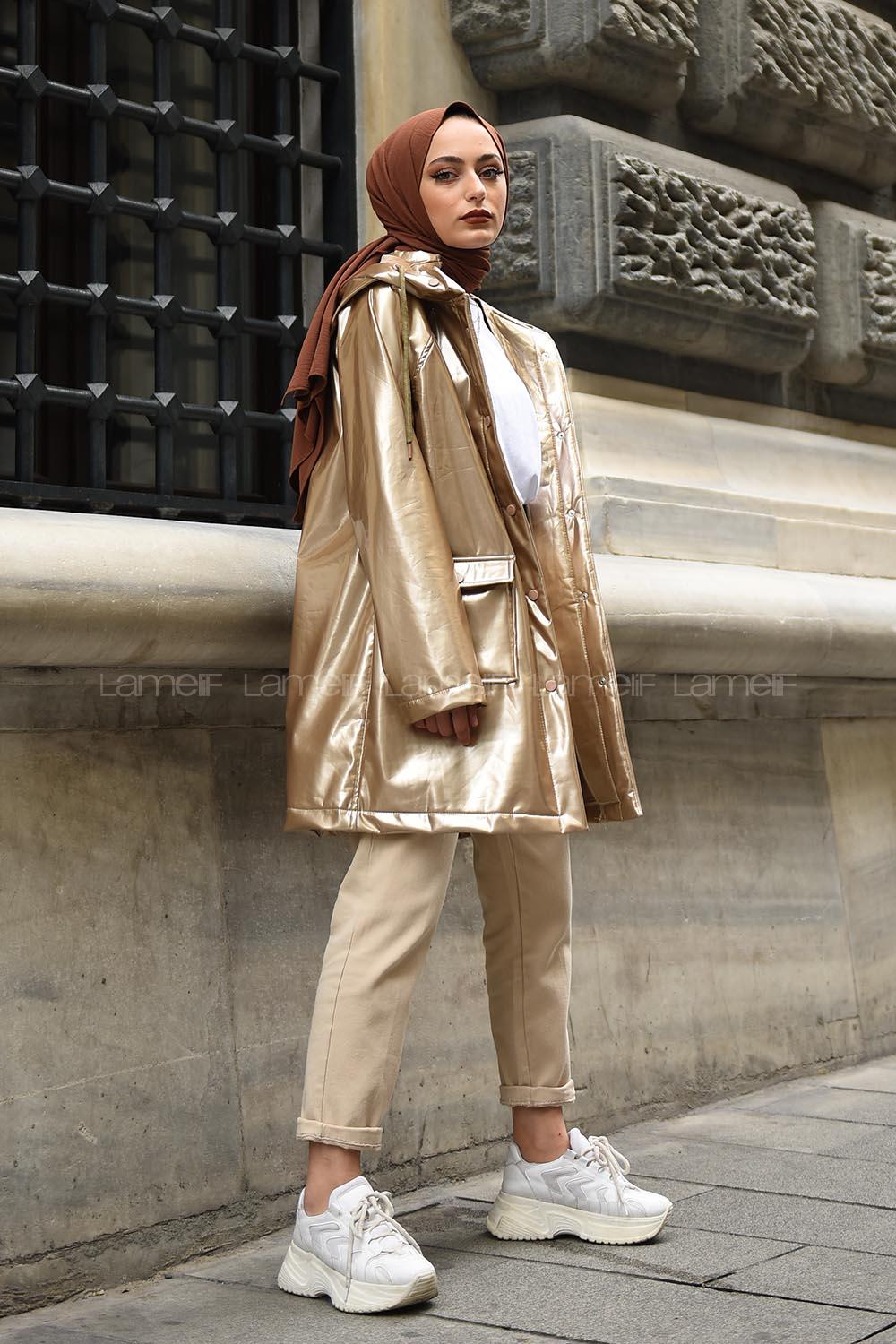 Modalamelif Önü Çıtçıt Düğmeli Rugan Yağmurluk Gold