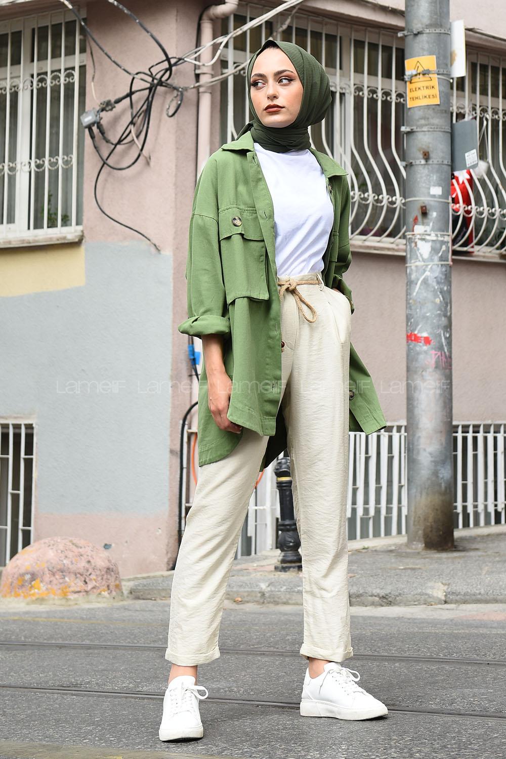 Modalamelif Önü Tahta Düğmeli Büyük Cep Ceket Haki