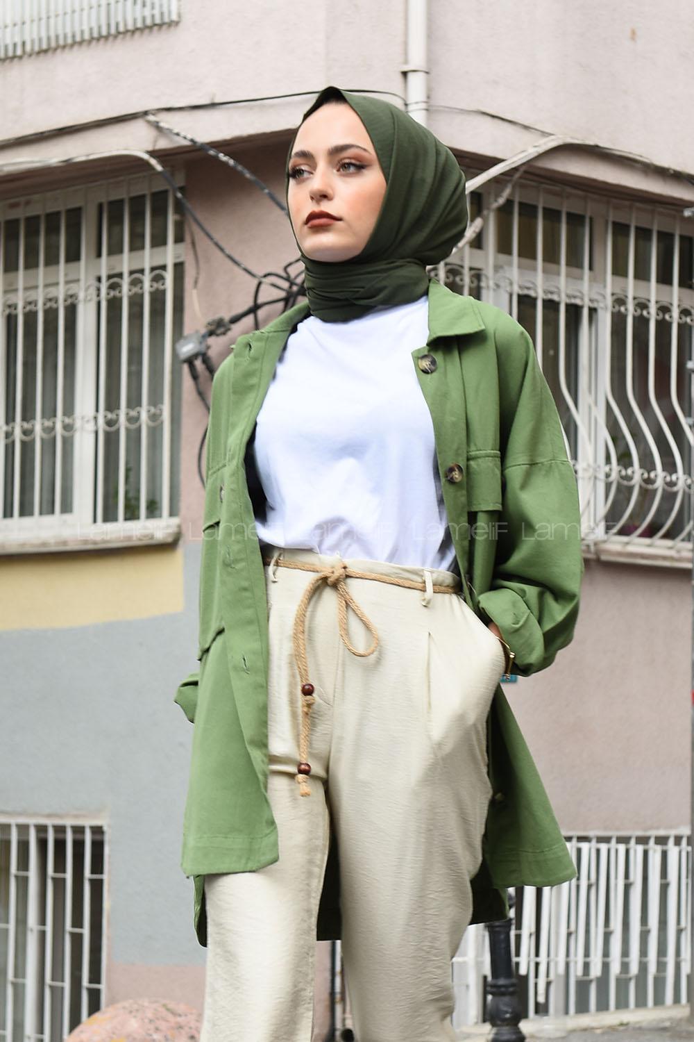 Modalamelif Önü Tahta Düğmeli Büyük Cep Ceket Haki