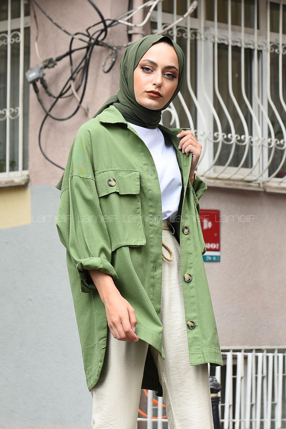 Modalamelif Önü Tahta Düğmeli Büyük Cep Ceket Haki