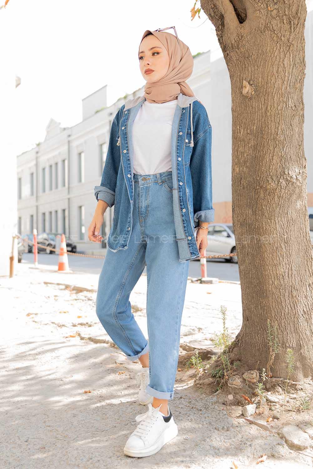 Modalamelif Penye Kapşonlu Kot Ceket Mavi