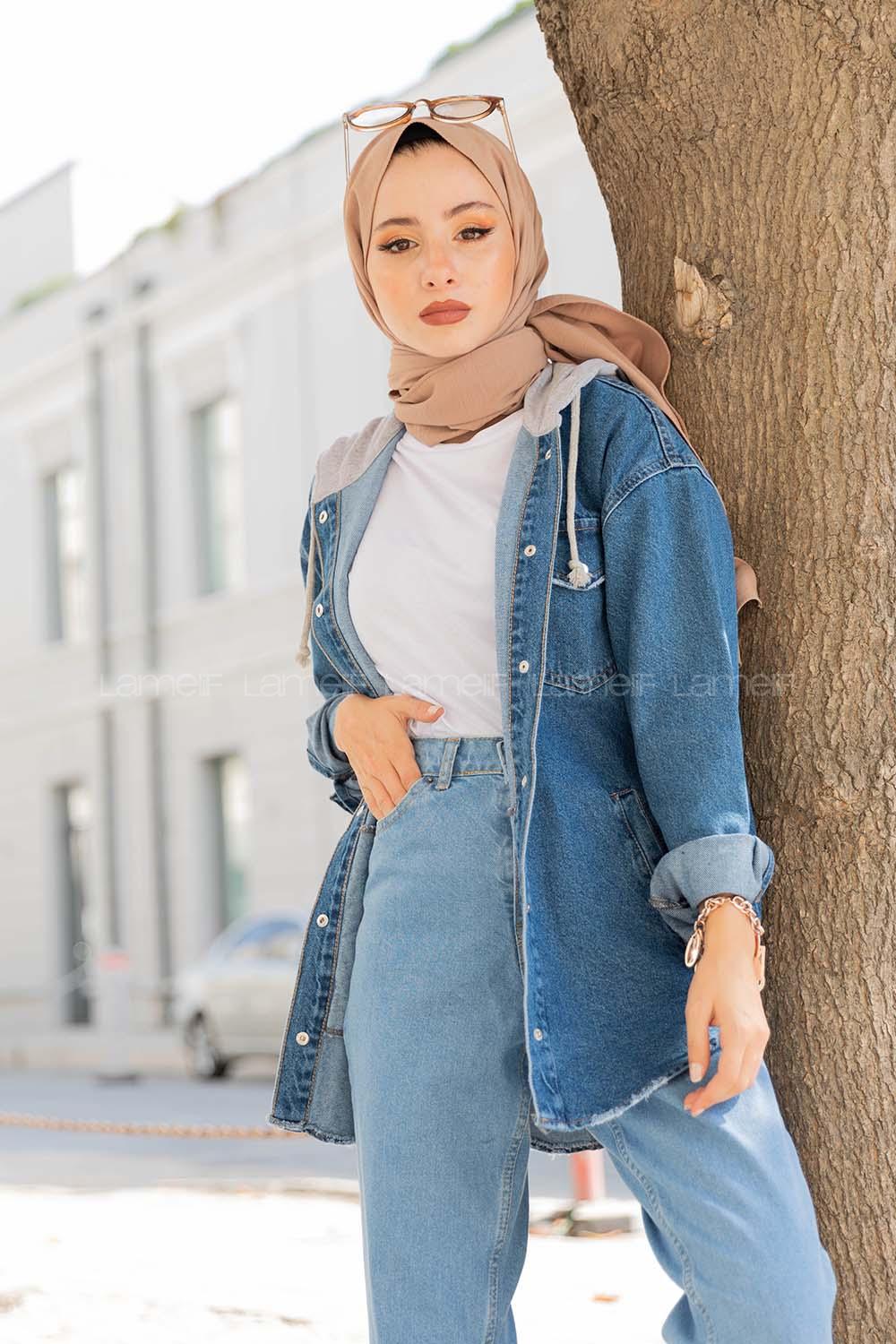 Modalamelif Penye Kapşonlu Kot Ceket Mavi