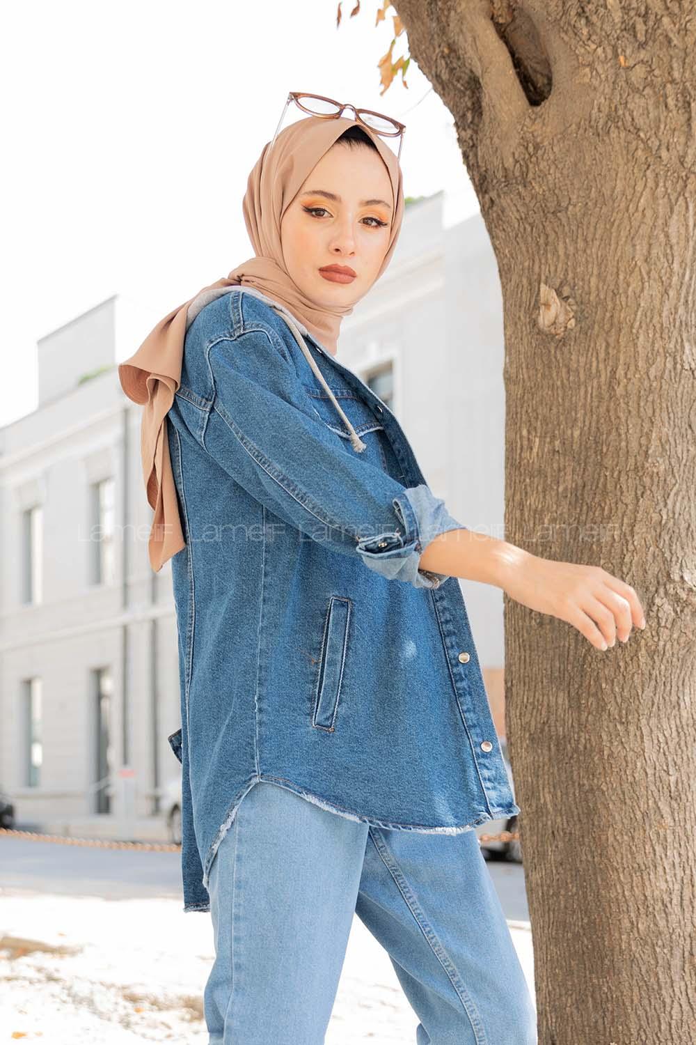 Modalamelif Penye Kapşonlu Kot Ceket Mavi