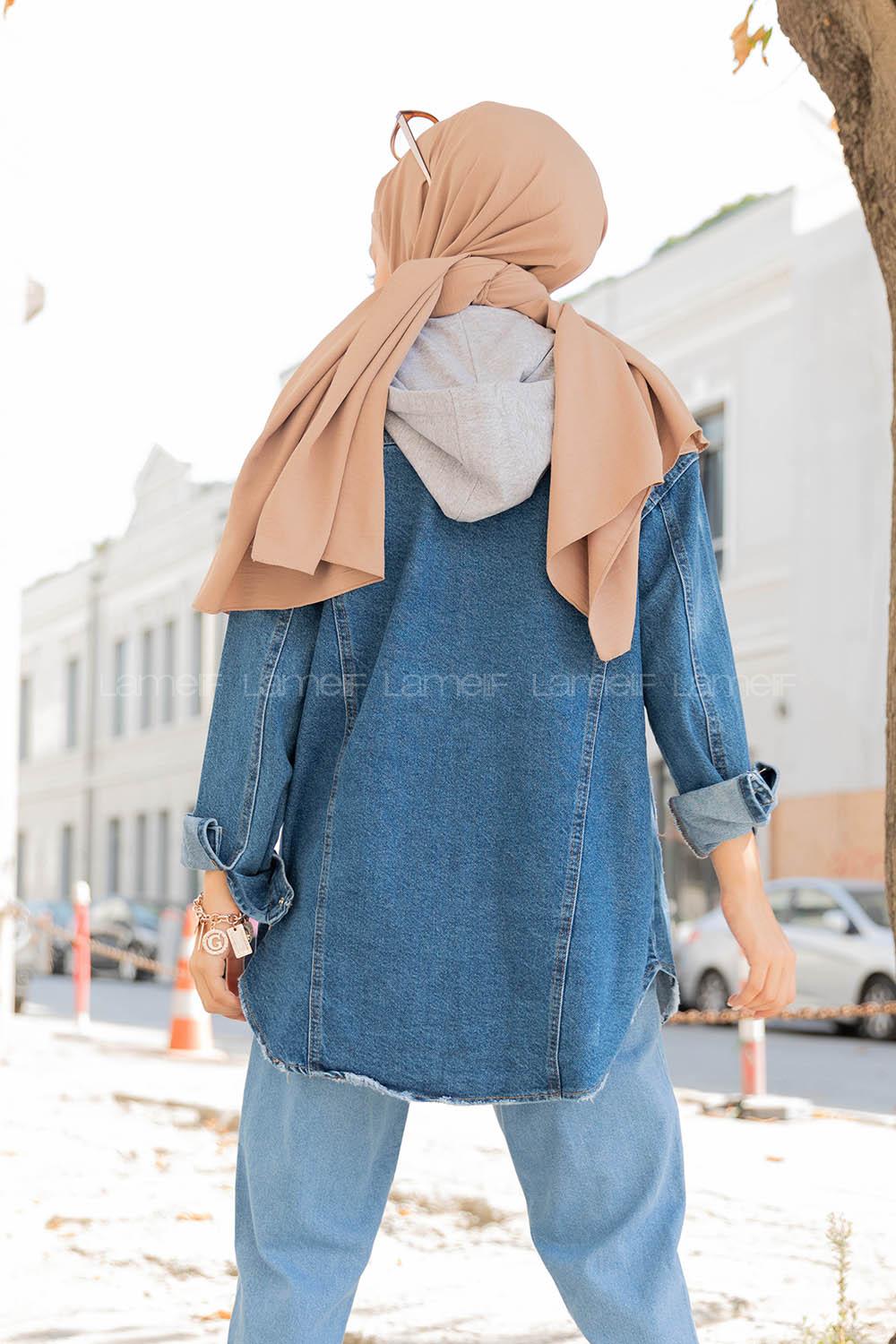 Modalamelif Penye Kapşonlu Kot Ceket Mavi