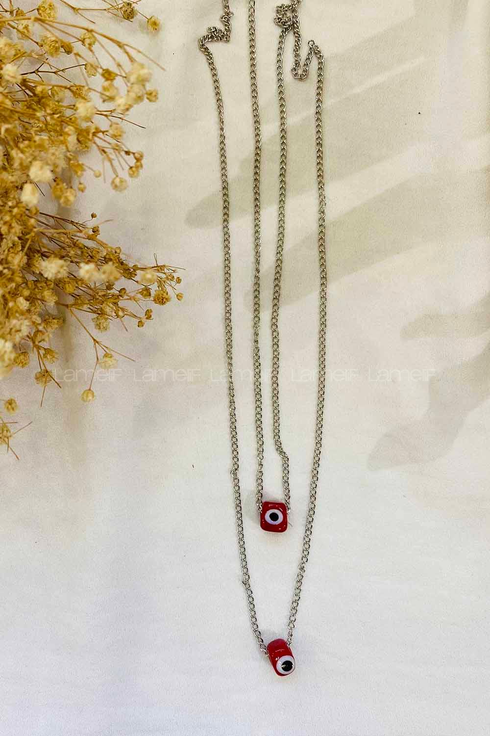 Modalamelif Kırmızı Taş Detaylı Zincir kolye