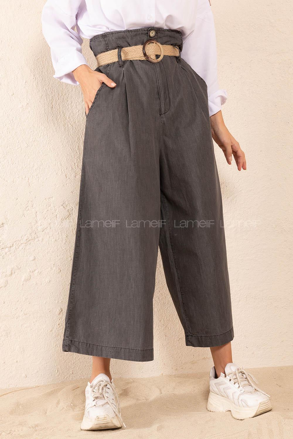 Modalamelif Hasır Kemerli Rahat Pantolon Füme