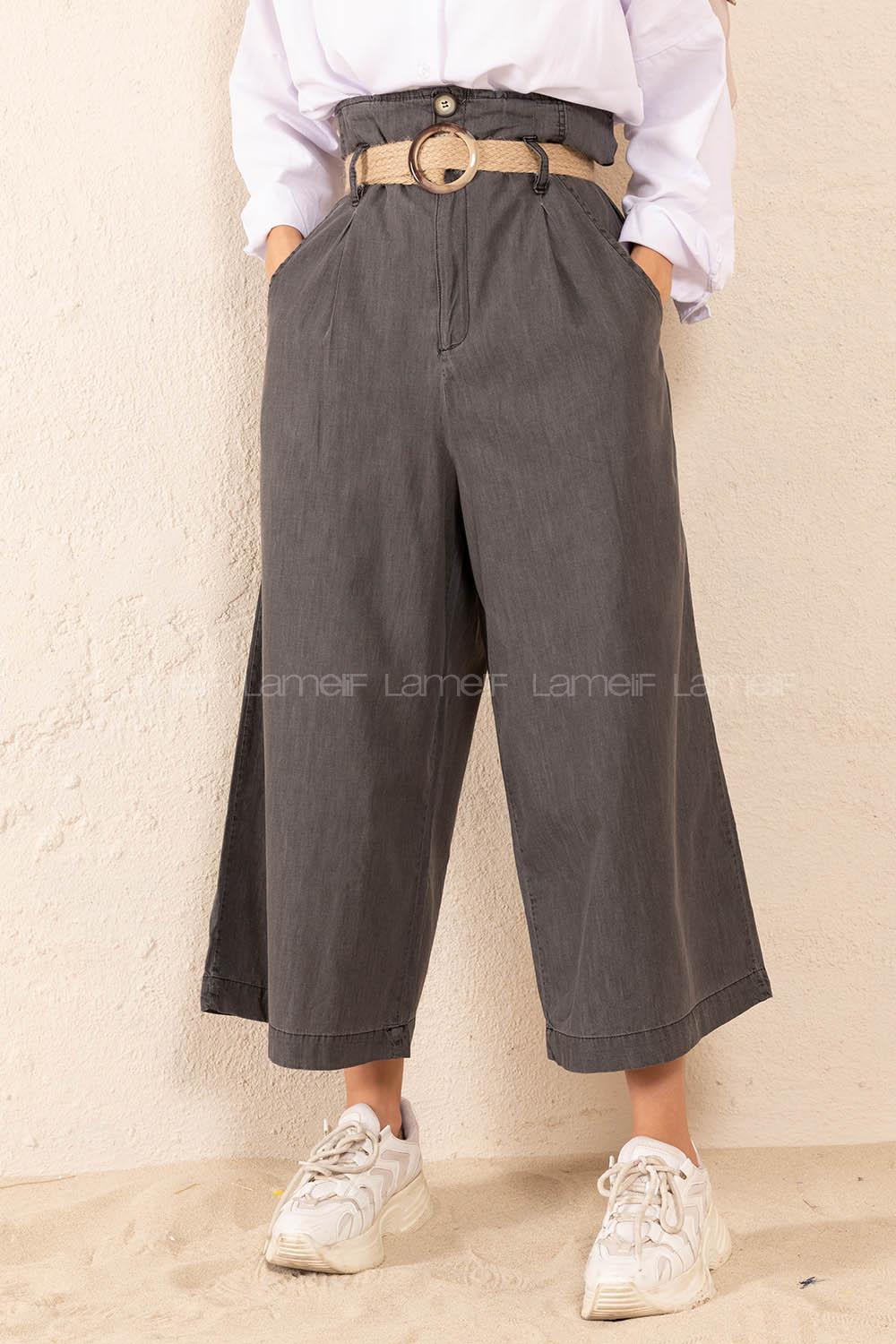 Modalamelif Hasır Kemerli Rahat Pantolon Füme