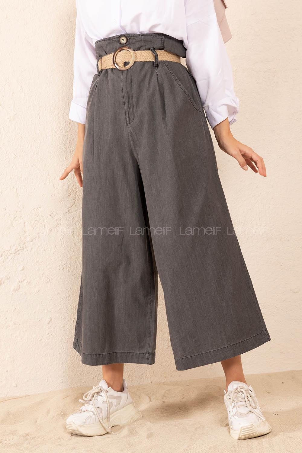 Modalamelif Hasır Kemerli Rahat Pantolon Füme