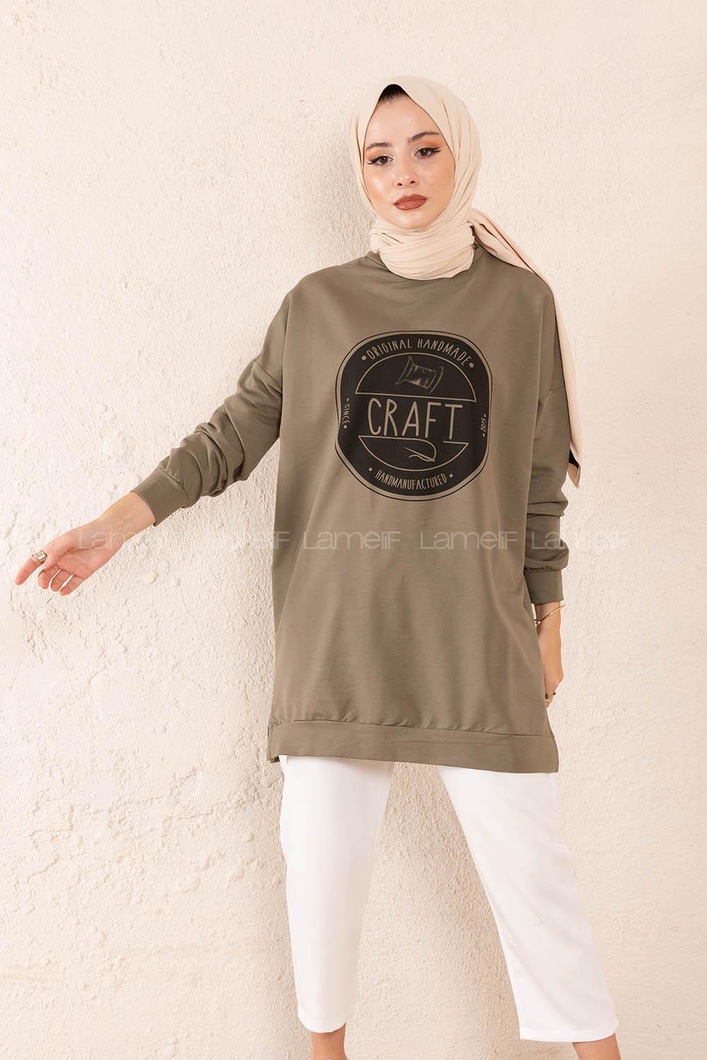 Modalamelif Craft Yazı Baskılı Sweatshirt Haki