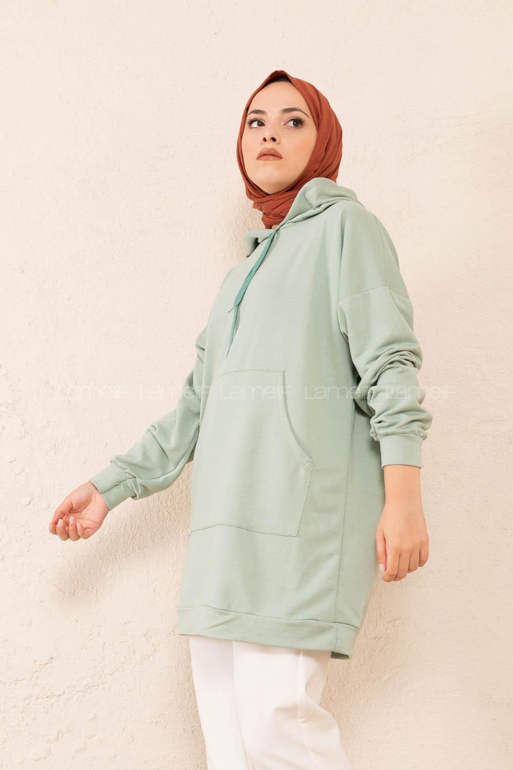 Modalamelif Kanguru Cep Kapşonlu Tunik Çağla Yeşili