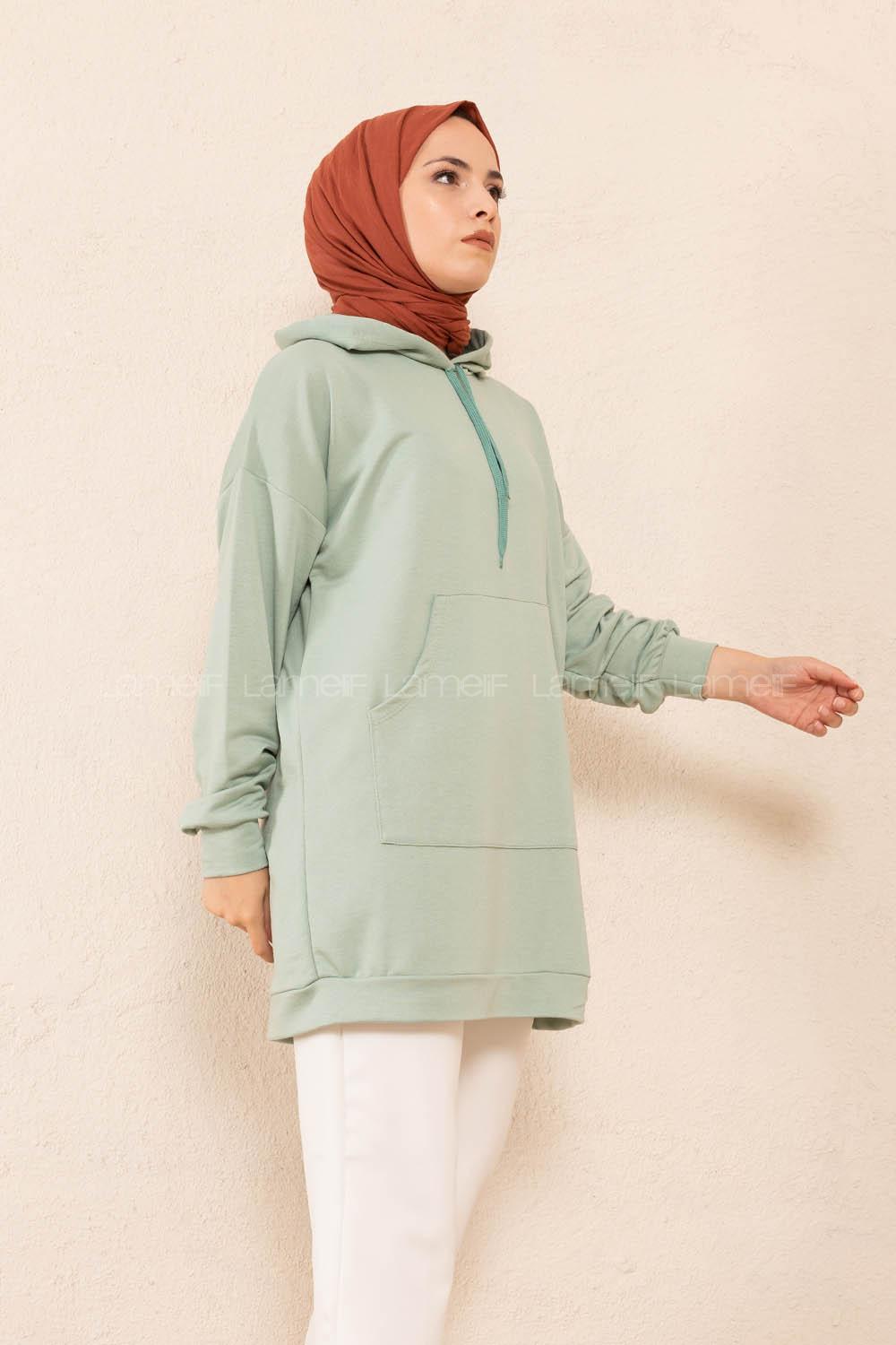 Modalamelif Kanguru Cep Kapşonlu Tunik Çağla Yeşili