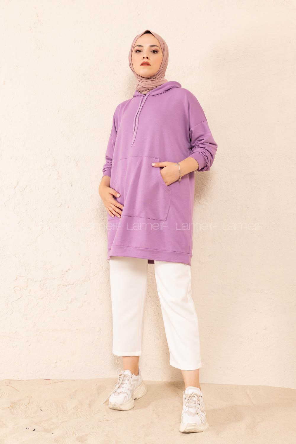 Modalamelif Kanguru Cep Kapşonlu Tunik Lila