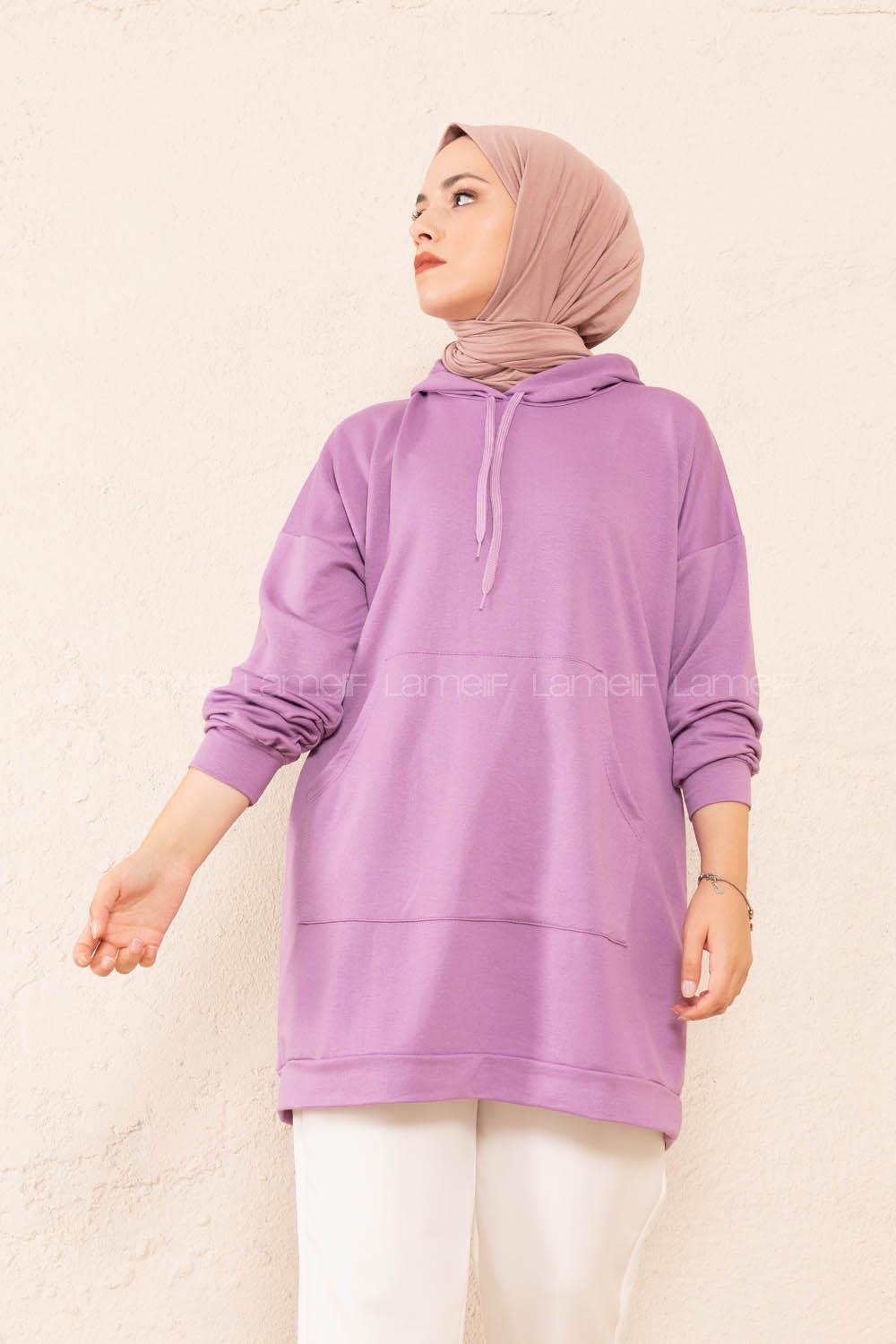 Modalamelif Kanguru Cep Kapşonlu Tunik Lila