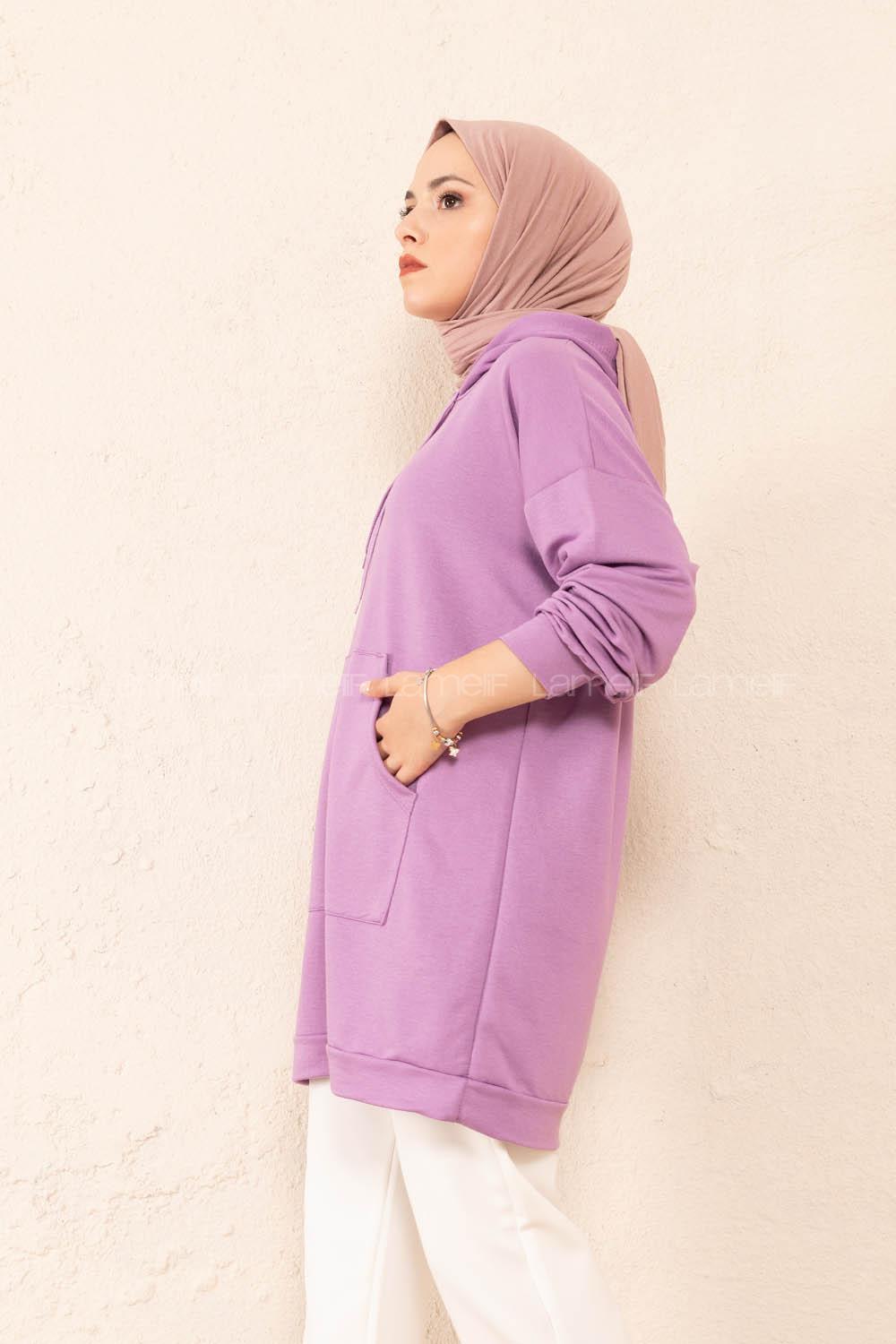 Modalamelif Kanguru Cep Kapşonlu Tunik Lila