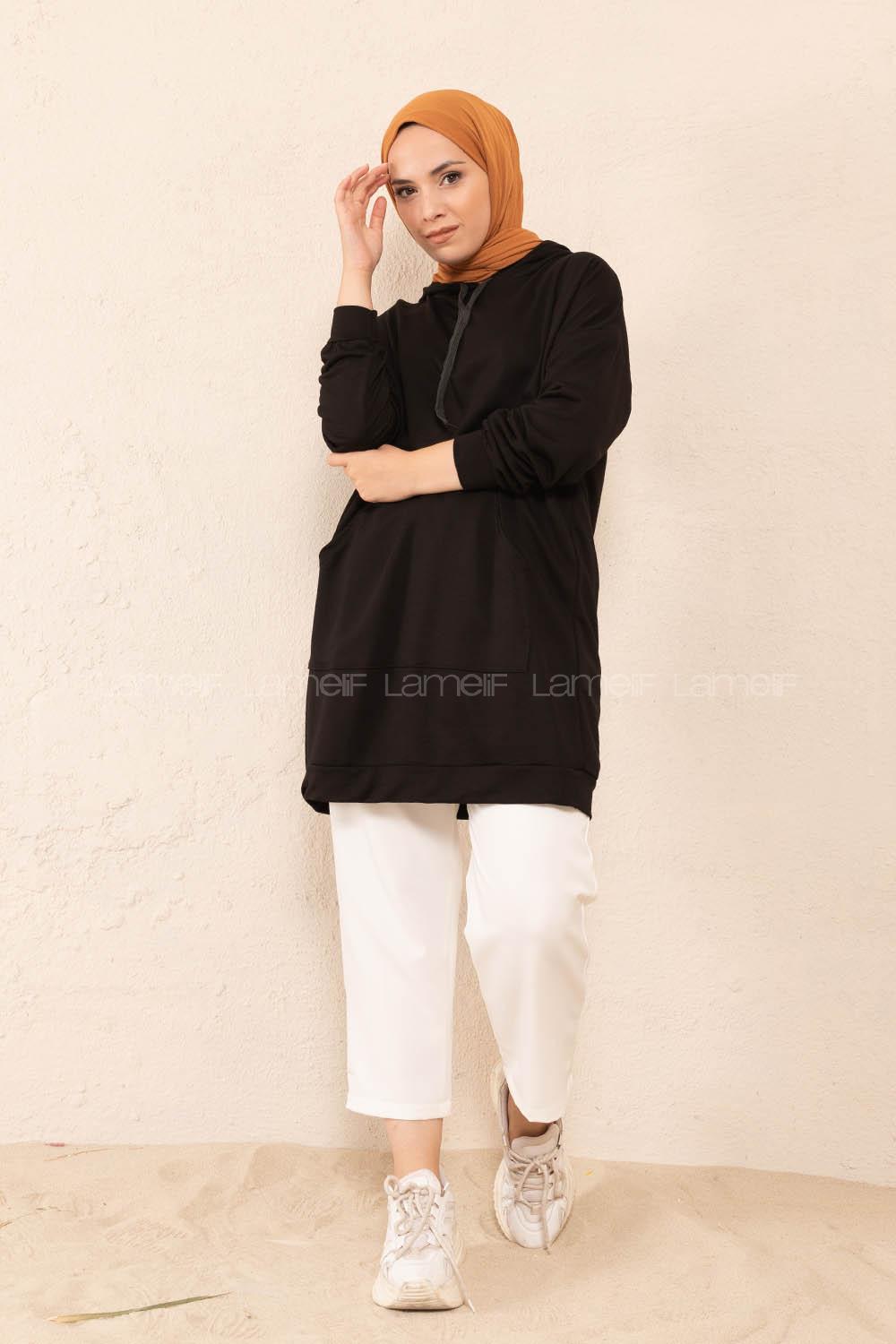 Modalamelif Kanguru Cep Kapşonlu Tunik Siyah