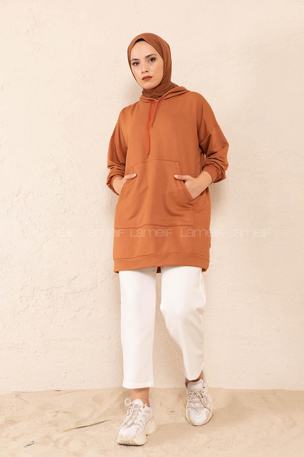 Modalamelif Kanguru Cep Kapşonlu Tunik Taba