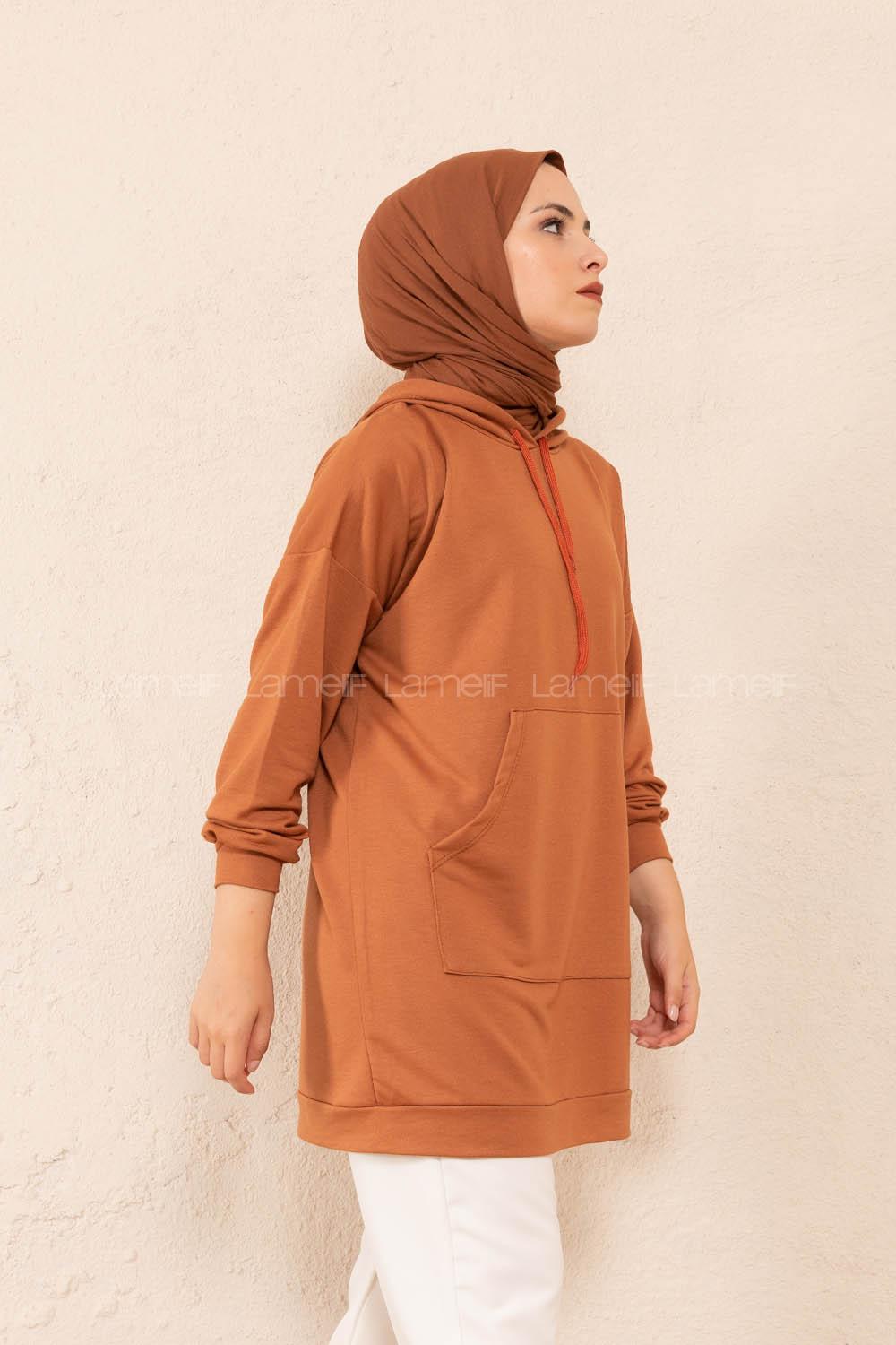 Modalamelif Kanguru Cep Kapşonlu Tunik Taba