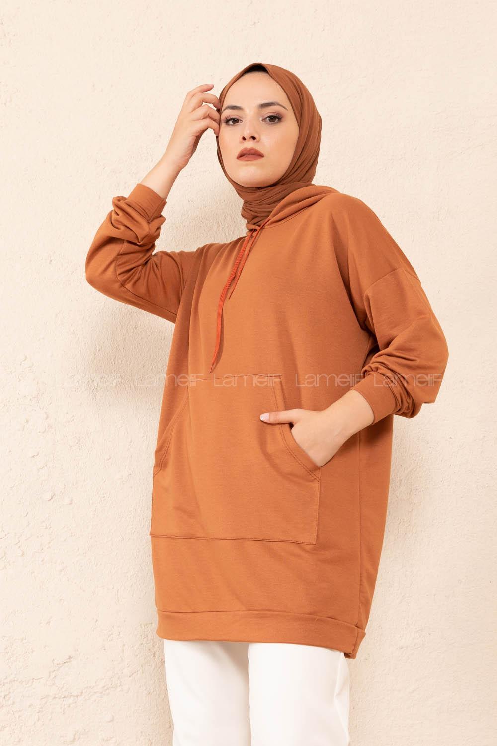 Modalamelif Kanguru Cep Kapşonlu Tunik Taba