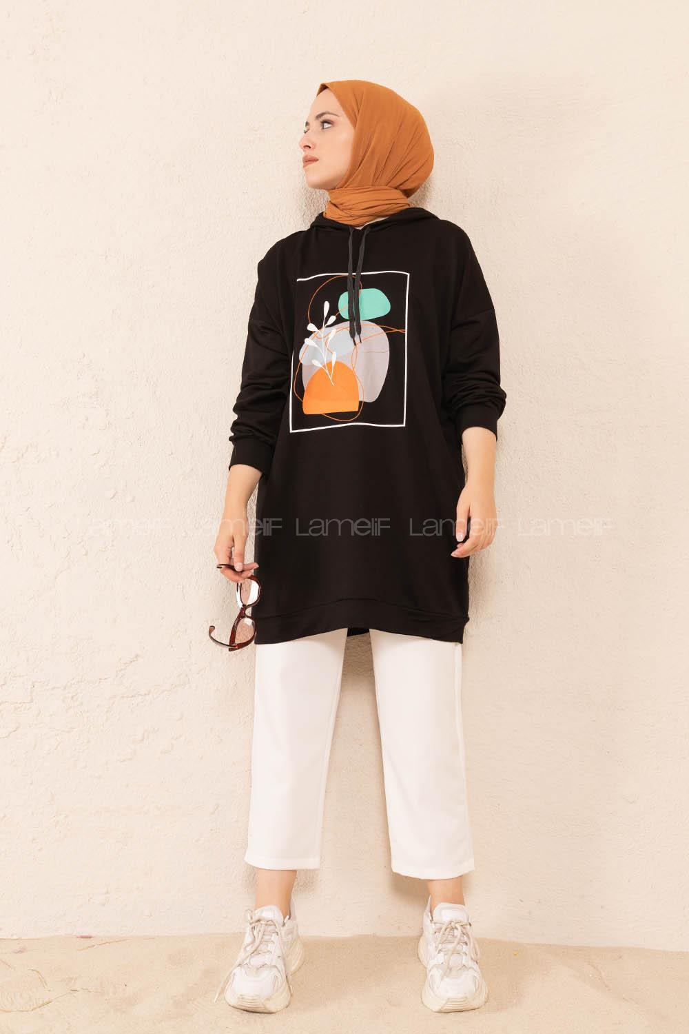 Modalamelif Önü Baskılı Tunik Siyah