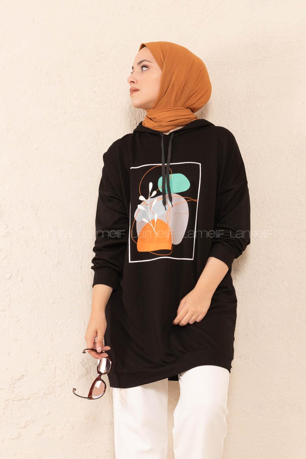 Modalamelif Önü Baskılı Tunik Siyah